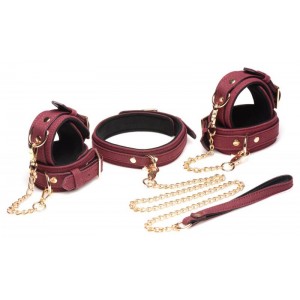 6-Piece BDSM Suede Cuff Set With Collar And Strap - Burgandy 6-Piece BDSM Suede Cuff Set With Collar And Strap - Burgandy