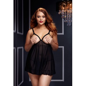 SHEER BABYDOLL W/OPEN CUP BRA PANT BLK,Q